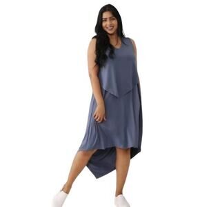 Cuddl Duds Silky Tank Dress Asymmetrical High Low Overlay Indigo Blue Size Small